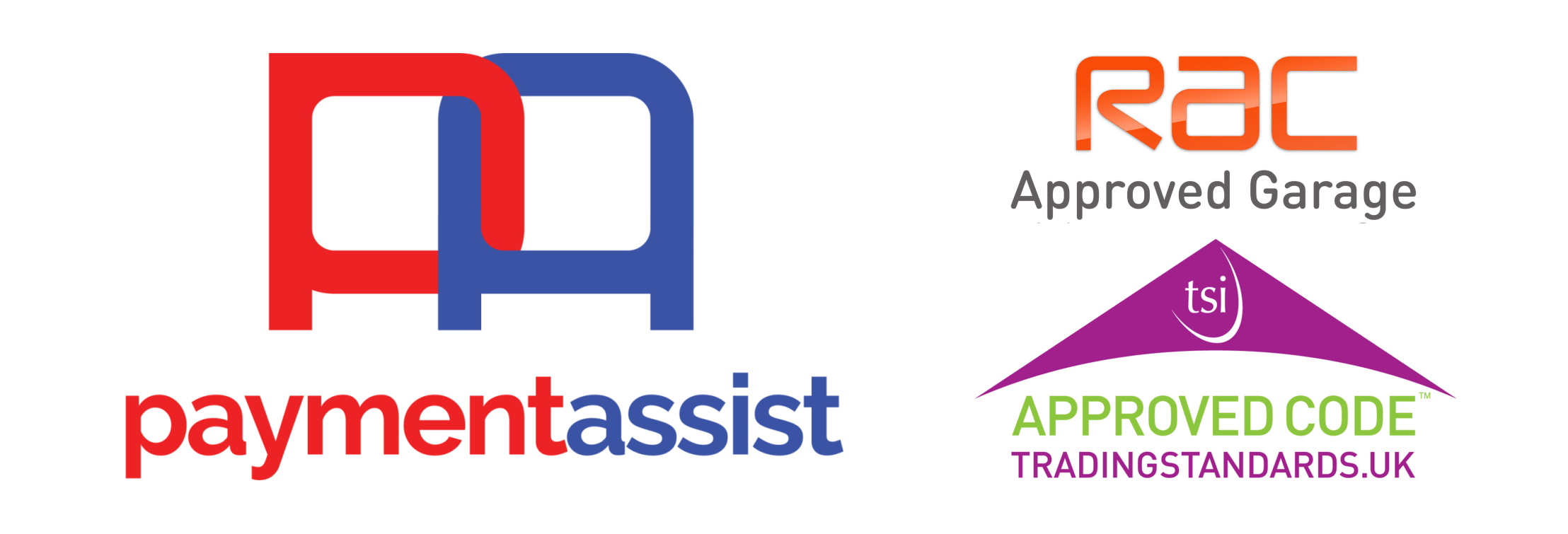 Logos of AA Approved, Payment Assist and RAC Approved Garage